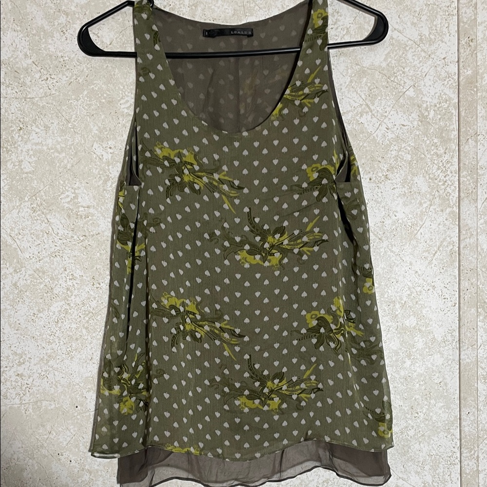 Loalde Olive and White Patterned Silk Tank Top size 6 Lined